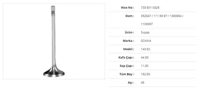 WAX 735 E01 0326 Subap Egzoz Scanıa 143  44,5kx11sx162,5bx45a (6adet) 352347352347