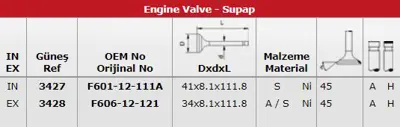 GÜNEŞ 3427-3428 Subap Takımı Mazda 626 1,6 (In 4   Ex 4) F60112111AF60612121