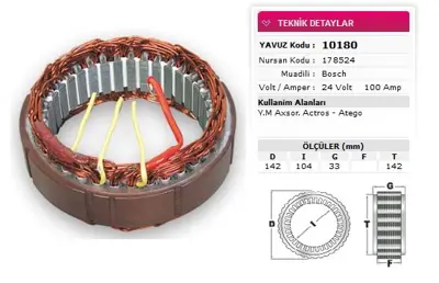 YAVUZ 10 180 Stator Bosch Tıp 24v 100a Ym Axsor Actros Atego Nursan 178524 10180