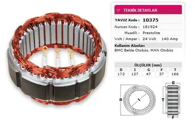 YAVUZ 10 375 Stator Prestolıte Tıp 24v 140a Bmc Belde Otobus Man Otobus Ym Kısa Uclu Nursan 181924 