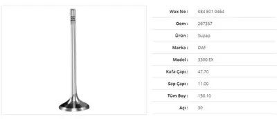 WAX 084 E01 0464 Subap Egzoz Daf 3300 47,7kx11sx150,1bx30a (6adet) 267357267357