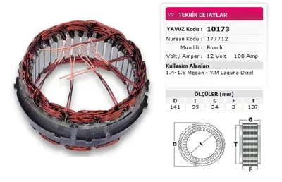 YAVUZ 10 173 Stator Bosch Tıp 12v 100a 1 4 1 6 Megane Ym Laguna Dızel Nursan 177712 