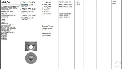 KING PISTON 17-5091770-20 Pıston + Segman Std. 0.20mm Kısa (Om646.9, 88,01mm, 30 Pım) W203 00>07 C209 05>09 W211 02>08 Vıto W6 8772532 A6470300117 A6110301017 6460301017 8713640000 A6470300017 6460300917 A6460300117 A6460300917 6110301017