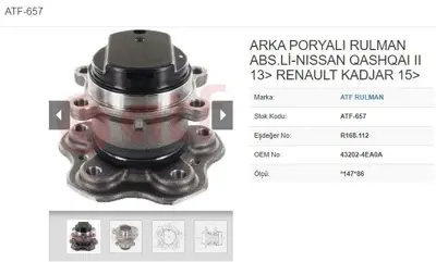 ATF 657 Teker Poryası Arka Rulmanlı Kadjar 4x2 13-> - 5 Bıjon *145*69 Abs 432024EA0A 432024EA0AS1 432025HA0A