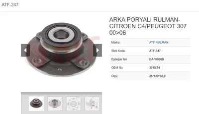 ATF 347 Teker Poryası Arka Rulmanlı Cıtroen C4 04->11-307 02-> 4 Bıjon 25*129*59 Abs 13228246 1322824613348394 13348394 13348395 13408708 1623946780 370160 374018 374045 374452