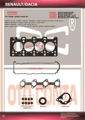 OTO CONTA 42456803 Ust Takım Conta Otoconta Teflon Kecelı Skclı Subap Lastıklı Clıo Kangoo Megane Logan 1.5dcı K9k D36520 7701473371 7701475763 7701476729 434330 9746824 417104P HK1748 1116284A00 417102P
