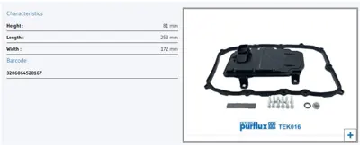 PURFLUX TEK016 Otomatik Şanzıman Filtresi Touareg 10-18q7 11-15cayenne 10- 