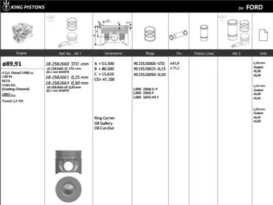 KING PISTON 182582663 Pıston 89.90 Mm  0.50 Ford Transıt V184 2.4tdcı H9fa 130 Ps Rıken Segmanlı 