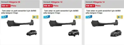 PHIRA RM441 Arka Tampon Astarlı Sensorlu 5kapı Megane 09 / 12 850220056R RN4281081 52153533 3650630C 4465056 3651689A MG08330 P3038 4377545 ACI4377545