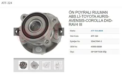 ATF 324 Porya On 5d Abslı  30*139*77 Toyota Aurıs Avensıs Corolla D4d Rav4 Iı Abs Bosch Tipi 08- 43550-0202