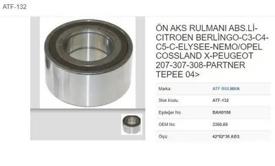 ATF 132 Teker Rulmanı On 42*82*36 Abslı Peugeot 207 307 308 Partner Tepee 04- 335069 713630760 3557914 CBK017 1606623580 335084 FBK893 QWB1265 19574 3438923