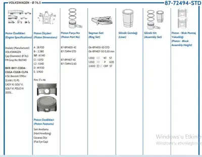 GOETZE 8772494STD000G Pıston 76.50 Mm Std Volkswagen Polo Jetta Passat 1.4 Benzın  Bud 036107065E