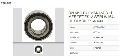 ATF 181 Teker Rulmanı On 54*98*50 Abslı Mercedes W164 X164 Gl Class 320 350 420 450 4 Matıc 1649810206 140980165 MEWB12770 10945609 853023131 400700 51529B 4030384SX V302604 45609