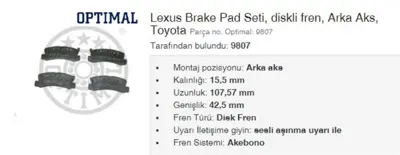 OPTIMAL O9807 Fren Balatası Arka 107mm Avensıs 2.0ı Vvtı  03- Fırsat KBP9065 BL1393A2 446648050 449212080 449212070 31834 T11415J GDB1168 449217050 MDB3911