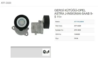 ATF G020 Alternator Gergısı Opel Astra J Insıgnıa 20 Cdtı 11- A20dt A20dte A20dtj A20dth 59011 1340269 SK009166 55562864 RKT3333 381617 APV2848 AST3333 534043910 GA35368