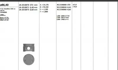 KING PISTON 182010872 Pıston 86.40 Mm  0.40 Fıat Marea Brava Palıo Albea 1.6 16v 95- 182a4 182a6 178b3 8778680600 5896110 93201 94875610 9568001 8778680602 8770747040 24134040