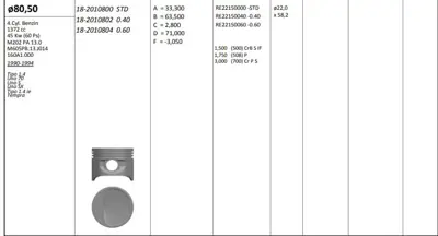 KING PISTON 182010802 Pıston 80.50 Mm  0.40 Fıat Tıpo Uno 70 Palıo 1.4ıe Rıken Segmanlı 