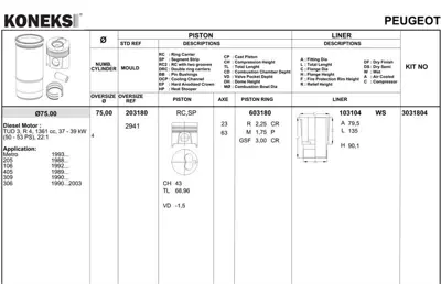 KONEKS 603180 Segman 75.00 Mm Std Peugeot P207 P106 1.4d Tud3 154500 15405500 MB011940 153510 6606406 6406 281206 P3205 LD37009 21031202005