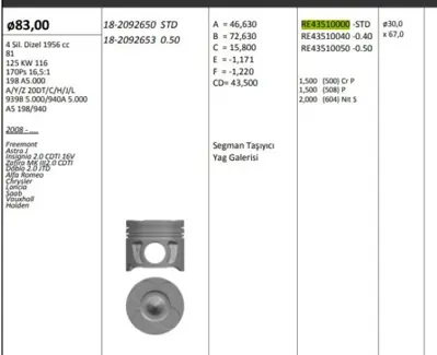 RIKEN RE43510000 Segman 83.00 Mm Std 1.5/1.5/2 Opel Insıgnı A Zafıra C 2.0 Cdtı A20dth A20dtj 