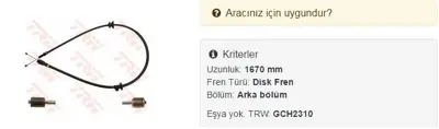 CAVO 7102619 Arka Sag/Sol El Fren Telıdısklı1670mm.S70 97-V70 I 35465905 FBS26007 904831 1987477357 VO02128 24372713082 55922644 CAB1506 841220 22644