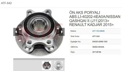 ATF 642 Ön Poryalı Rulman Megane Iv - Kadjar - Scenıc - Talısman 1.3/1.5/1.6 Qashqaı 40202-4EA0