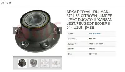 ATF 335 Arka Teker Porya Rulmanlı Fıat Ducato Iıı Boxer Iıı Jumper Iıı 06- 370183 KWB1132 70945679 460275 LVBW1623 BWK1132 LVBK1623 FHBK1143 101414 197634