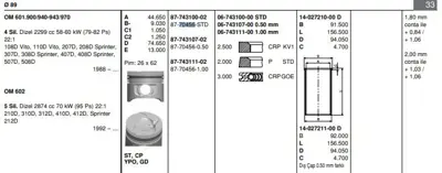 GOETZE 8770456STD Pıston 89.00 Mm Std Mercedes Vıto W638 108d 110d 207d 208d 308d 407d 408d 507d 508d 88- Sprınter 210d 310d 312d 92- Om601.900/940/943/970 A6010301817 A6010371701 6010371701 6010301317 6010371801 A6010371801 A6010301317 1402638000 6010301817 8774310010