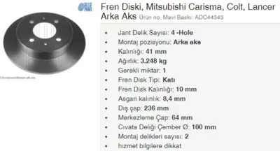 Blue Print ADC44343 Fren Dıskı Arka 4d 236mm Lancer Carısma Colt 92- 676500 MB857763 6043193 BDC5104P 6105514 812042124 360406061900 DF4319 BG3112 562250JC