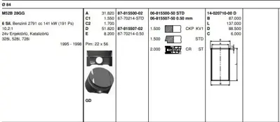 GOETZE 8770214050 Pıston 84.00 Mm  0.50 Bmw E36 E46 320ı 520ı 95- M52b28 87-70214 050