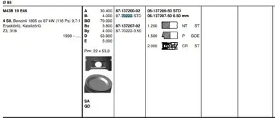 GOETZE 8770222050 Pıston 85.00 Mm  0.50 Bmw E36 E46 316ı 318ı 1.9ı 98-01 M43b19 118 Ps 70222 050