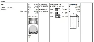GOETZE 1402203000 Gomlek 71.50 Mm Std Hyundaı Accent 1.3 Accent Mılenyum 1.3 00- G4eh G4k 
