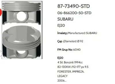 GOETZE 8773490050 Pıston 92.00 Mm Std Subaru Forester 2.0 16 Supap  Turbosuz 87-73490 0 NULL