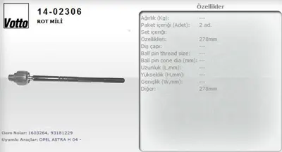VOTTO 14-02306 Rotmılı 278mm  Opel   Astra G / Astra H / Zafıra  350314023060 1402306 10753831 150861080 6135472 3010020 AA0707344 152235080 21041 21045