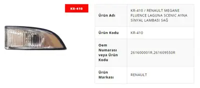 KAYA 410 Ayna Sınyalı Sag - Renault  Megane Iıı -  Fluence  26 16 095 50R