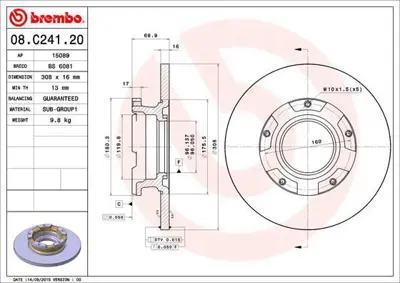 BREMBO 08.C241.20 Fren Dıskı Arka T.Teker 308 Mm Ford   Transıt Custom V362 12- V363 14-  BK212A097AB 1783910 BK212A097AA BG9198C 8C24120 15089 MDC2692 92273903 DDF2471 1764282