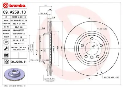 BREMBO 09.A259.11 Fren Dıskı On E84/E87/E90/E92/E93 34116854999 24012402001 RT20346GLT9 1421165 6854999 92137800 BG3959 RT20346HPGLT1 9A25911 RT20346