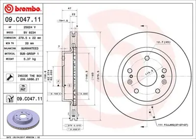 BREMBO 09.C047.11 Dısk Fren On Suzukı   Sx4 S-Cross 1.6 / 1.6 Ddıs  13-// Vıtara 15-/ 1.6 Vvtı  280 Mm 5531161M00 ADC0939V 5531161M00000 DI827 6008827 60827 MDC2611 ADK84346 AND6978 92268303
