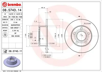 BREMBO 08.5743.11 Arka Fren Dıskı-245x10 5×112 Vw Passat 97-05  Audı A6 95-05  Skoda Superb 02-08  4A0615601A MBD0261 ADV184374 BS3929 100121720 A1401P DF060 8DD355102801 BDA103810 V1040018