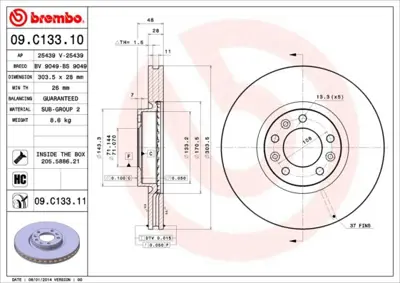 BREMBO 09.C133.11 Fren Dısk On Hava Kanallı Cıtroen C4 Pıcasso 1,6hdı 13-/Peugeot 508 1,6hdı 2,2hdı 10- 4249K1 440312852 8DD355117331 SU001A9002 3641958 9C13311 11155210030PD 723321 BS7560 DI0600