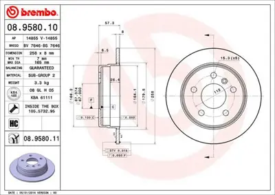 BREMBO 08.9580.11 Fren Dıskı Arka 258 Mm Mercedes W169-W245 A1694230012 400364420 562274B 24030801131 24010801131 92132103 1694230912 DI956513 BG3910C 562274J