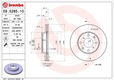 BREMBO 09.5285.11 Fren Dıskı On Havalı Honda Cıvıc 1.4 1.5 1992-2000 240×4 Kaplamalı 45251SR3A10 1815312615 BS4371 J3304025 421104 610810 45251SH1A00 85917356 15521 57385