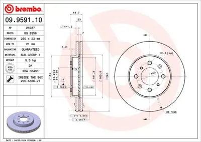 BREMBO 09.9591.10 Fren Dıskı On Havalı 300-5-Honda  Type-R 2001/2006  2.0    45251S6FE10 BR2266 812040156 6044551 202632 17536 BD1704 24012301111 NBD1368 FBD1433