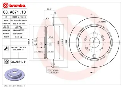 BREMBO 08.A871.11 Fren Dıskı Arka Duz Kaplamalı-305-5-Honda  Crv 02/06 / Crv 07/ 2.2 Ctdı / Crv 1.6 I-Dtec 13/  42510SWWG01 FR0750 TB218040 297463 RN1618DSET DP444 6104444 42510T1GG00 24011003291 202642