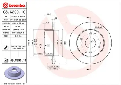 BREMBO 08.C290.11 Fren Dıskı Arka Duz 260-4-Honda  Accord 1998/2002  1.8-2.0    562282JC 8580321 58140 42510SL5950 197015 DF4815 BD6111 42510SL5J00 6072494 312623