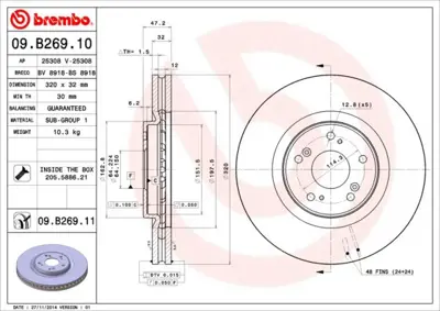 BREMBO 09.B269.11 Fren Dıskı On Havalı Kaplamalı 320-5 Honda   Accord 09/13 2.4 98200195001 DDF1775 45251TL0G51 ADH243110 DDF17751 N3304052 280317652 31155210038 AND6328 DDF1775C