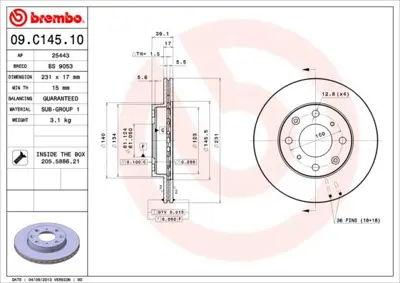 BREMBO 09.C145.10 Fren Dısk On Havalı 231-4-Honda  Jazz 02/08  45251SAA000 ADC0565V DSK3066 ADH243119 60441 6004441 H1068V BR2293C 5815202665 DI441