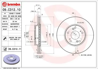 BREMBO 09.C312.11 Fren Dıskı On Havalı-280-5-Karbon Kaplamalı-Honda  Cıvıc 2012/  45251TV0E00 MDC2482 55525 1815202661 92252503 6210710 18309 812040171C BS7439 8DD355118191