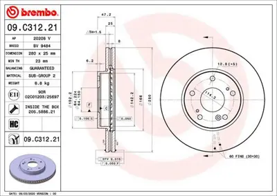 BREMBO 09.C312.21 Fren Dıskı On Havalı-280-5-Karbon Kaplamalı-Honda  Cıvıc 2012/  45251TGLE50 6210710 55525 60202637VSX 108571 312661 31155210058 NBD1994 1421864 H03965
