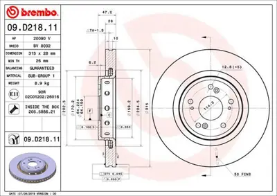 BREMBO 09.D218.11 Fren Dısk On Havalı Honda Crv 1.6 Idtec 2.0 Idtec 2.2 Idtec 2012->  315×5 45251T1GG01 AND6958 H330A64 DI435 60435 BR2296C 92283303 ADH243125 H03981 18513