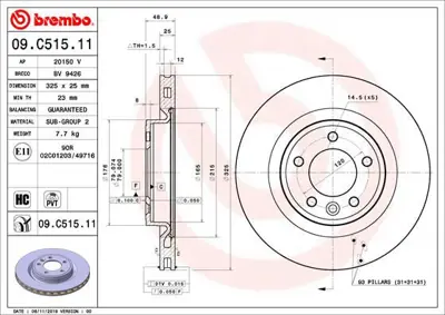 BREMBO 09.C515.11 Fren Dıskı Arka Landrover Dıscovery V / Range Rover Iv / Range Rover Sport Iı 92307803 BV9426 LR084067 BG5012C 8DD355132571 A4033VR 20150V 9C51511 MDC2904C AND7331